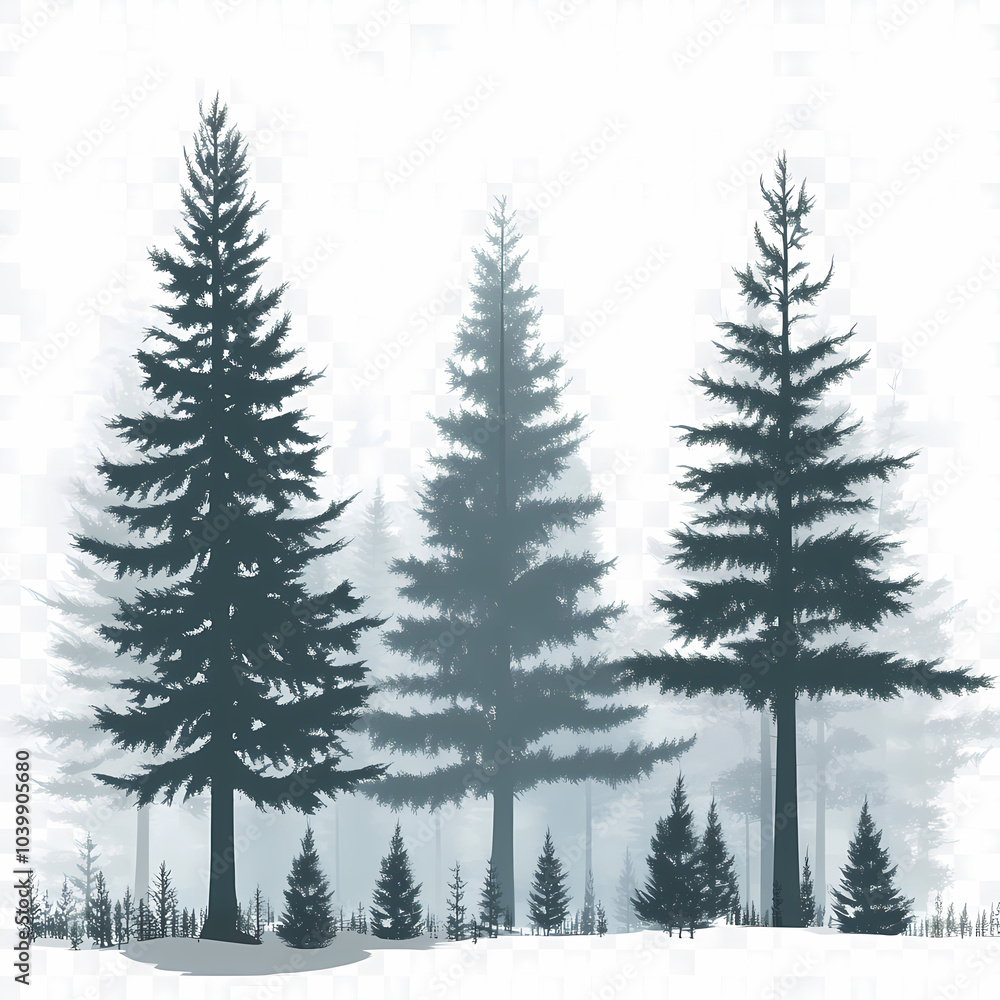 Obraz premium Winter forest silhouettes of fir trees and spruces with wood tree background.