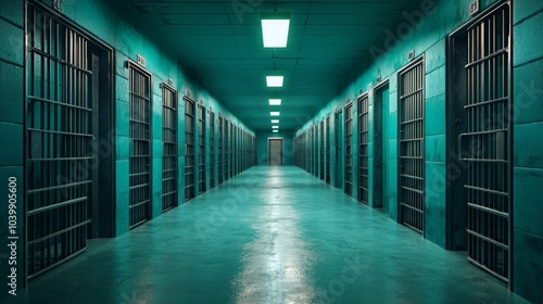 Dimly Lit Prison Corridor with Open Cells