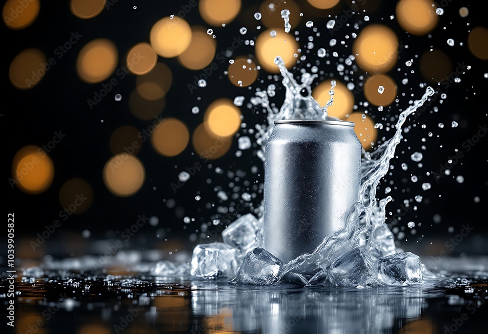 Refreshing cooling: ice-cold beverage can with sparkling water splash
Refreshing cooling: ice-cold beverage can with sparkling water splash