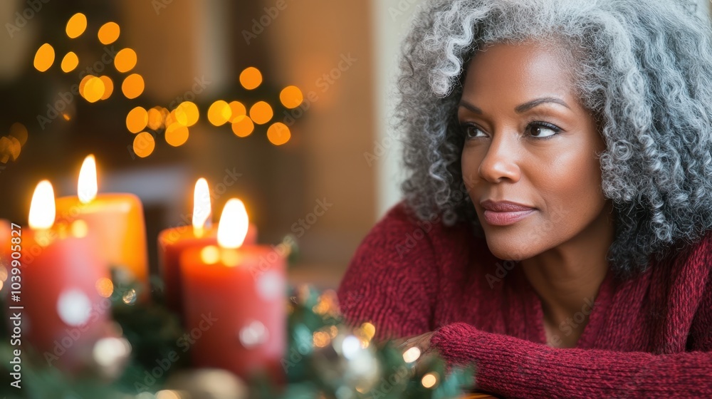 Serene Mature Woman Enjoying Candlelight Atmosphere During Festive Season Serene Mature Woman Enjoying Candlelight Atmosphere During Festive Season