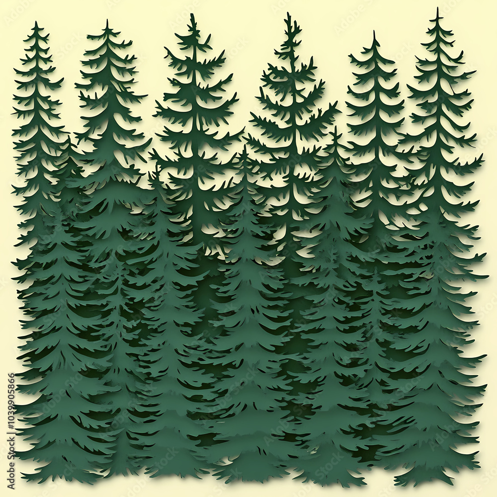 Obraz premium Winter forest silhouettes of fir trees and spruces with wood tree background.