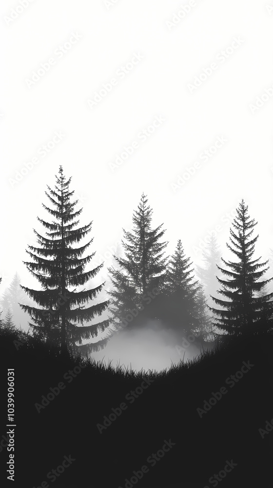 Obraz premium Winter forest silhouettes of fir trees and spruces with wood tree background.