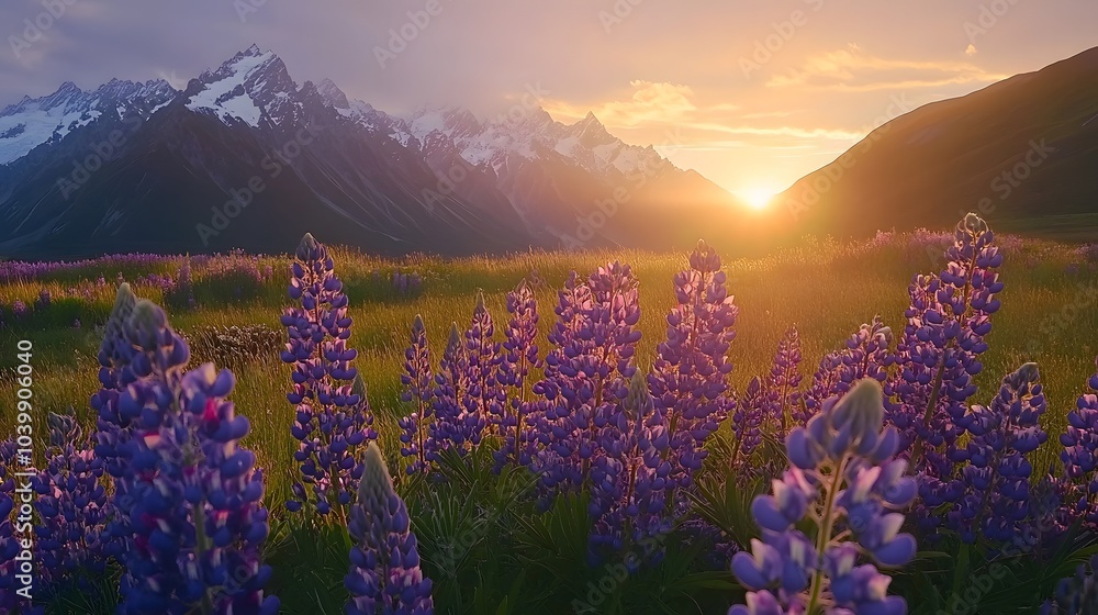 Fototapeta premium Sunset on wild lupines near Mount Cook, New Zealand