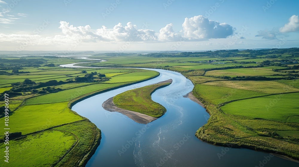 An aerial view of a graceful river curving through rich green fields under a blue sky. An aerial view of a graceful river curving through rich green fields under a blue sky.