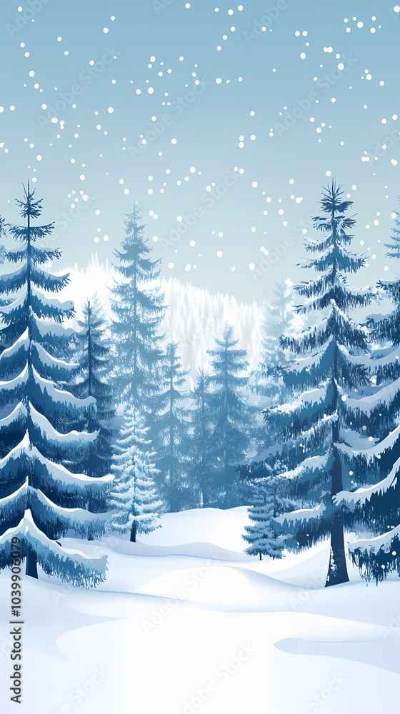 Obraz premium Winter forest silhouettes of fir trees and spruces with wood tree background.