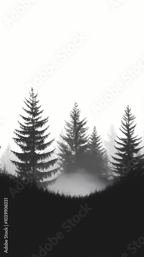 Winter forest silhouettes of fir trees and spruces with wood tree background.