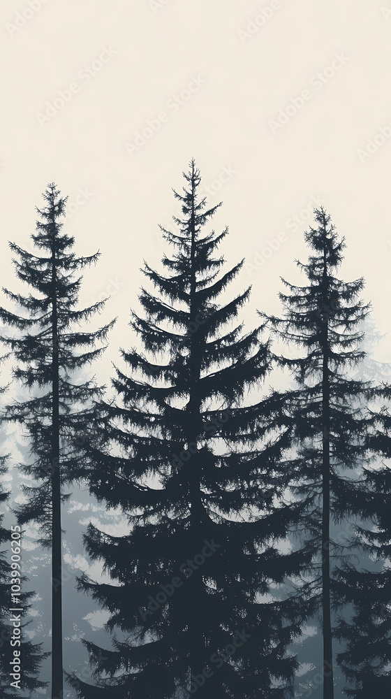Obraz premium Winter forest silhouettes of fir trees and spruces with wood tree background.