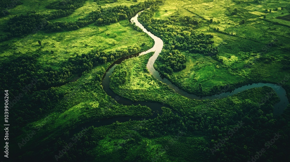 Breathtaking aerial shot of a river snaking through lush green fields, revealing nature's intricate, winding patterns Breathtaking aerial shot of a river snaking through lush green fields, revealing nature's intricate, winding patterns