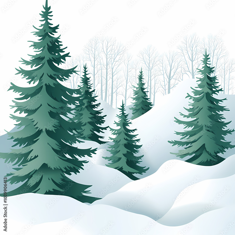 Fototapeta premium Winter forest silhouettes of fir trees and spruces with wood tree background.