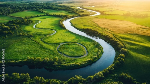 Wallpaper Mural Breathtaking aerial view of a winding river cutting through lush green fields, creating mesmerizing natural patterns in the landscape Torontodigital.ca