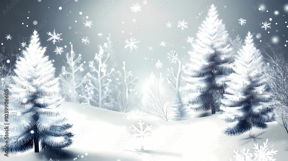 Winter forest silhouettes of fir trees and spruces with wood tree background.