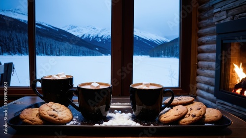 two cups of coffee sit on tray with cookies and fire