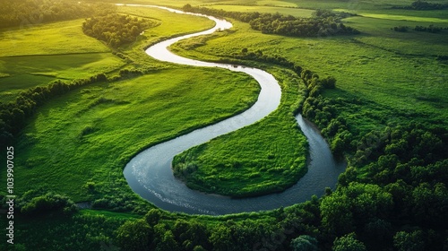 Scenic aerial shot of a winding river amidst lush green fields, showing nature's intricate design.