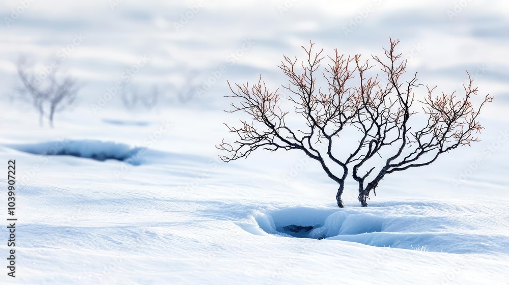 Solitary tree against a snowy, white background, showcasing natural beauty and resilience. Solitary tree against a snowy, white background, showcasing natural beauty and resilience.