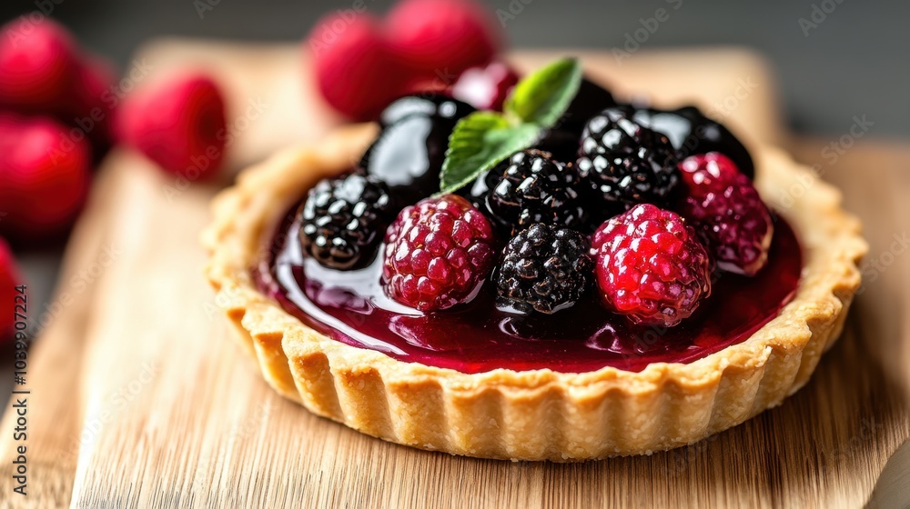 Delicious Berry Tart with Glazed Blackberries and Raspberries on Wooden Table Delicious Berry Tart with Glazed Blackberries and Raspberries on Wooden Table