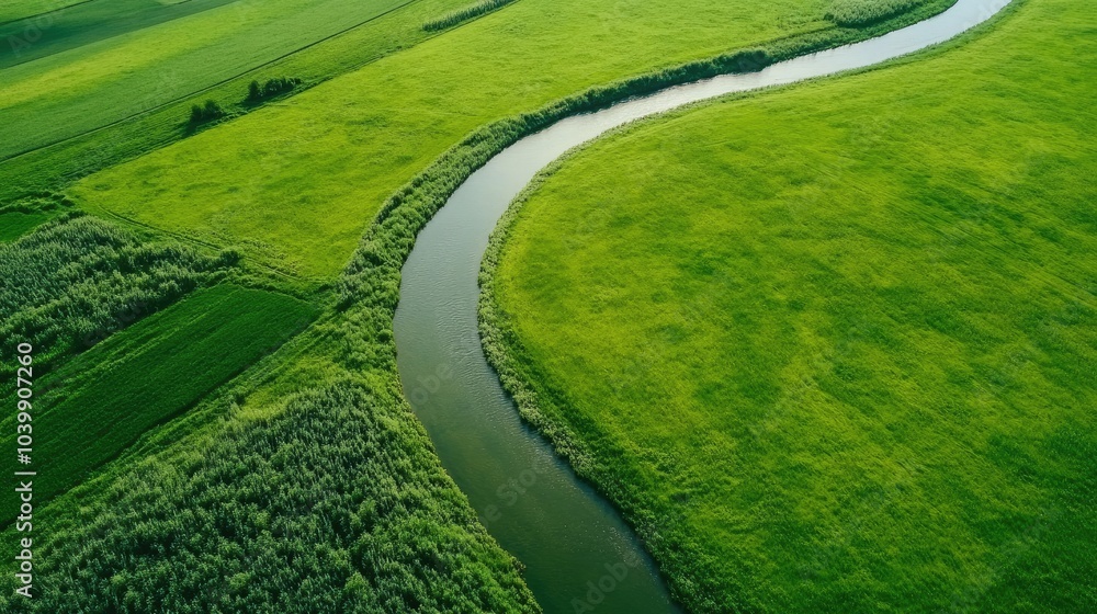 Serene aerial perspective of a winding river flowing gracefully through endless green meadows. Serene aerial perspective of a winding river flowing gracefully through endless green meadows.
