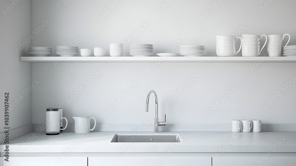A modern kitchen with white cabinets, a white countertop, and a single stainless steel sink. A shelf with white dishes and mugs is above the countertop. A modern kitchen with white cabinets, a white countertop, and a single stainless steel sink. A shelf with white dishes and mugs is above the countertop.