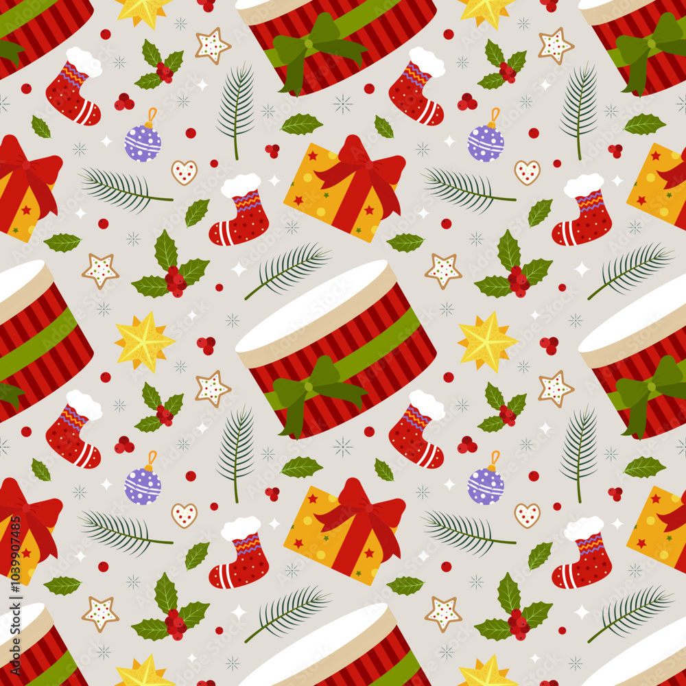 Obraz premium Seamless pattern with Christmas symbols isolated on a light background. Vector. Flat style