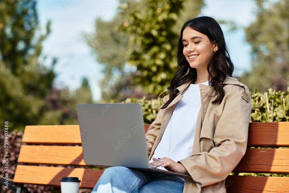 A young woman sits on a bench in a vibrant park autumn, focused on her laptop screen. A young woman sits on a bench in a vibrant park autumn, focused on her laptop screen.