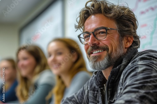 Smiling Man in Meeting with Colleagues in Background, Collaborative Atmosphere