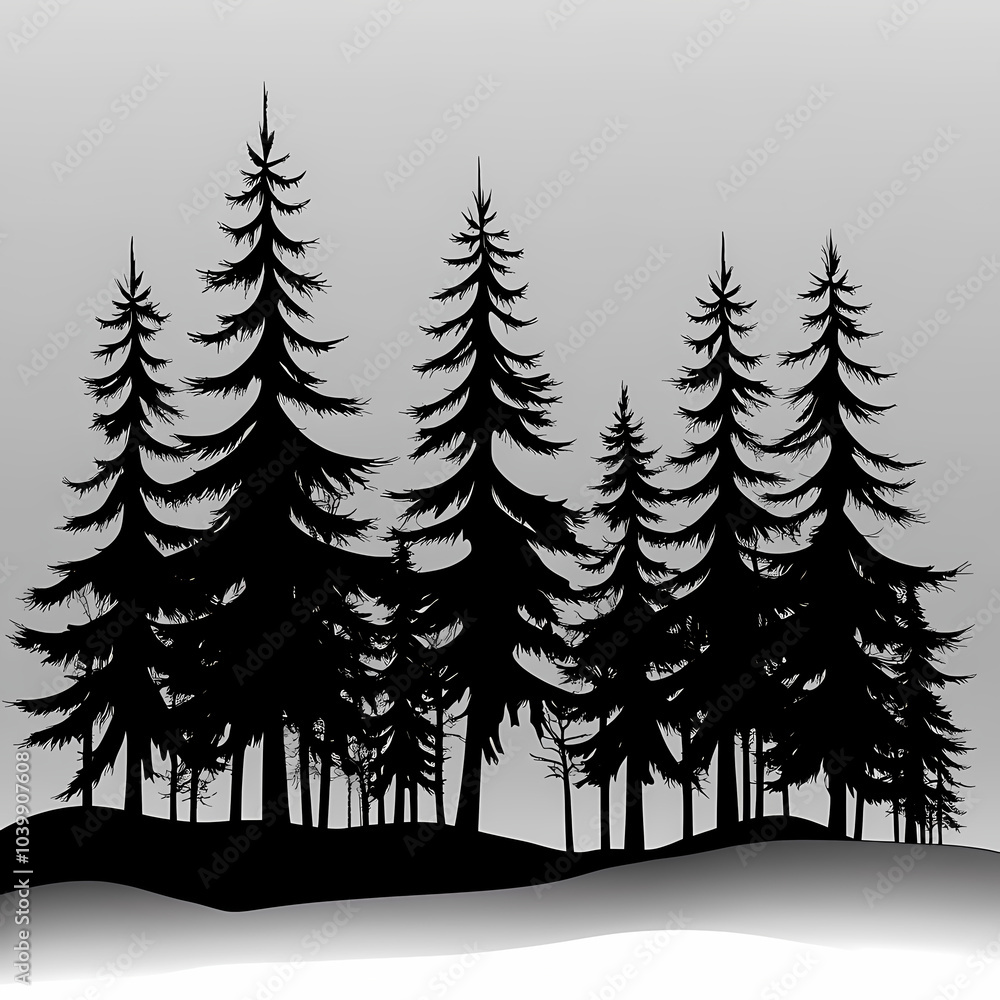 Winter forest silhouettes of fir trees and spruces with wood tree background. Winter forest silhouettes of fir trees and spruces with wood tree background.