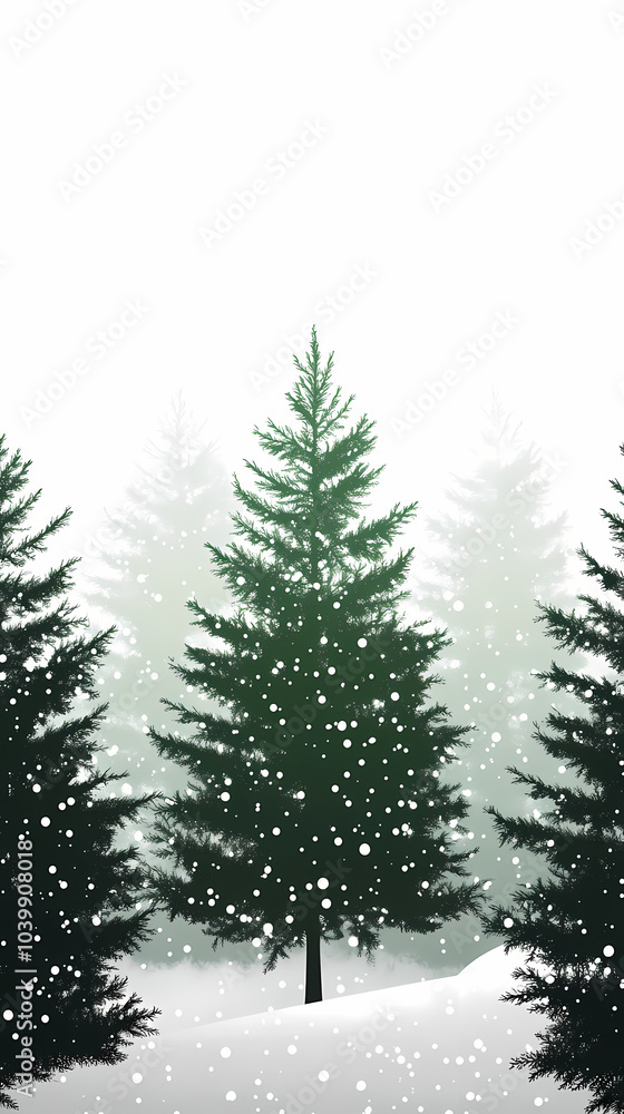 Fototapeta premium Winter forest silhouettes of fir trees and spruces with wood tree background.