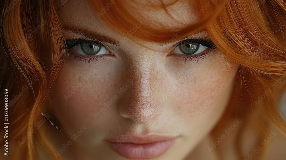 closeup portrait captures the striking beauty of a woman with vibrant red hair highlighting her features and the rich color that frames her face closeup portrait captures the striking beauty of a woman with vibrant red hair highlighting her features and the rich color that frames her face