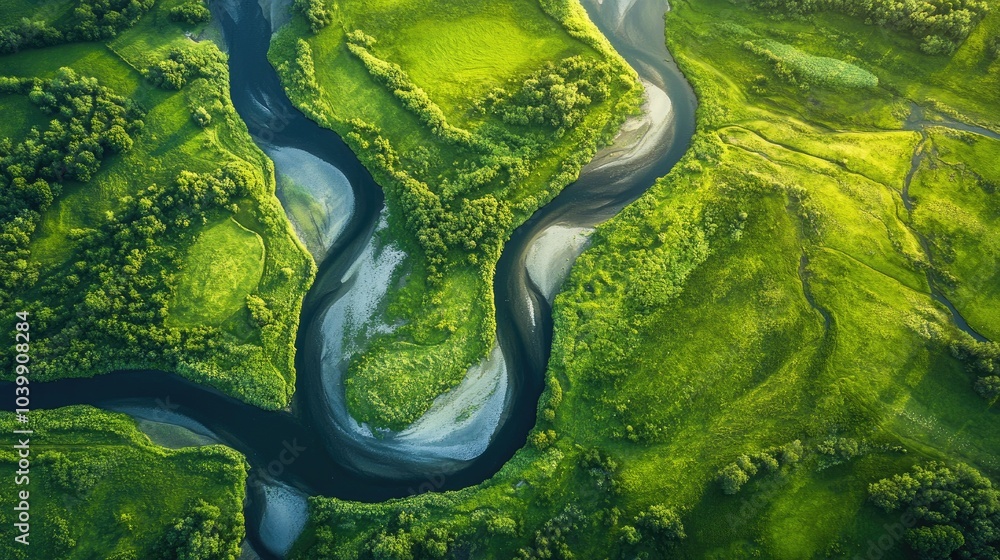 Aerial capture of a river winding through vibrant green fields, highlighting the natural patterns of the landscapes beauty Aerial capture of a river winding through vibrant green fields, highlighting the natural patterns of the landscapes beauty