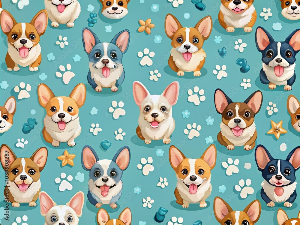 Fototapeta premium Cute Dog Pattern with Bokeh Effect for Kids Textiles Featuring French Bulldogs and Corgis on Light Blue Background