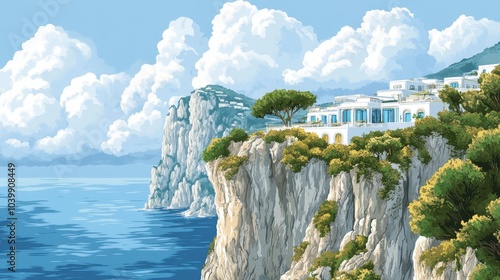 Coastal Mediterranean Landscape with Cliffside Villas and Azure Sea