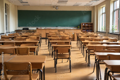 Empty High School Classroom with Wooden Chairs and Desks – Back to School concept.