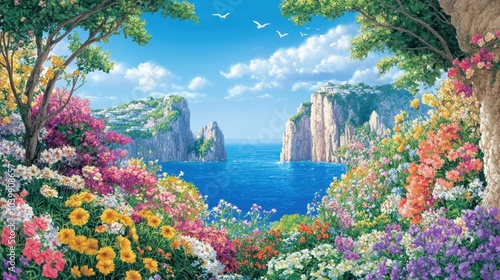 Breathtaking Coastal View Through Vibrant Floral Archway