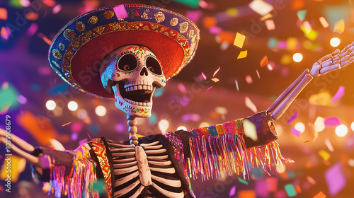 Dancing Skeleton in Colorful Folkloric Dress with Confetti photo