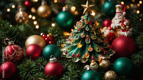 Colorful Christmas tree with ornaments, lights, and star on top, surrounded by other Christmas decorations