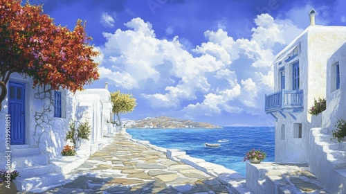 Idyllic Mediterranean Seaside Village with Blooming Flowers