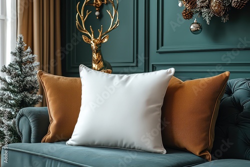 White square pillow mockup with a gold deer figurine and Christmas tree decor, against a green wall background. 