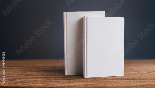 Two white books or notebooks mockup on brown wooden table  blurred dark backdrop. Blank cover.