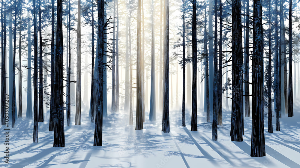 Fototapeta premium Winter forest silhouettes of fir trees and spruces with wood tree background.