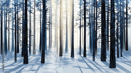 Winter forest silhouettes of fir trees and spruces with wood tree background.