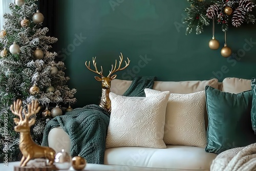 White square pillow mockup with a gold deer figurine and a Christmas tree, green wall background, Christmas decorations