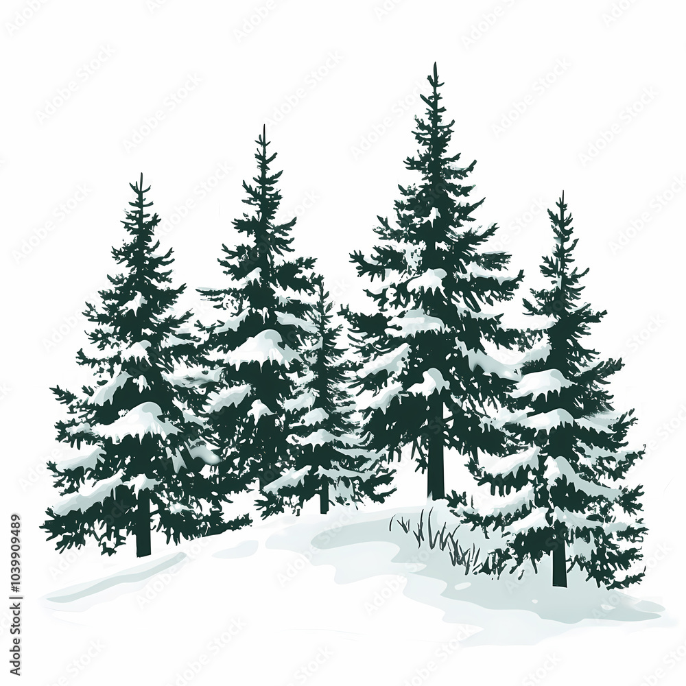 Obraz premium Winter forest silhouettes of fir trees and spruces with wood tree background.