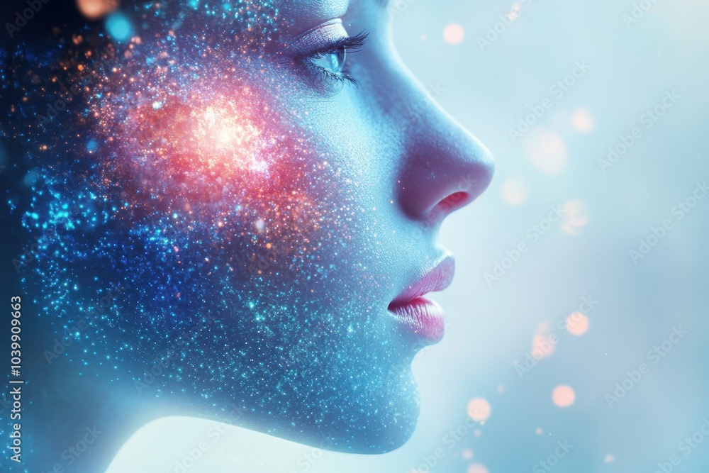 A serene profile of a woman illuminated by cosmic colors in a dreamlike fantasy setting A serene profile of a woman illuminated by cosmic colors in a dreamlike fantasy setting