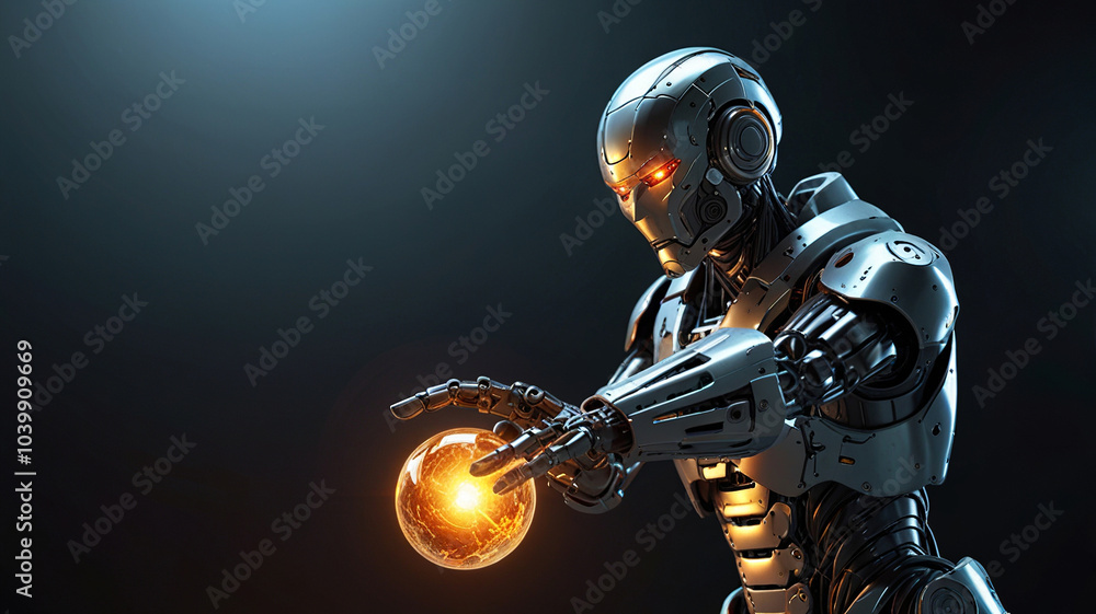 Robot Holding Glowing Orb in Dramatic Light Robot Holding Glowing Orb in Dramatic Light