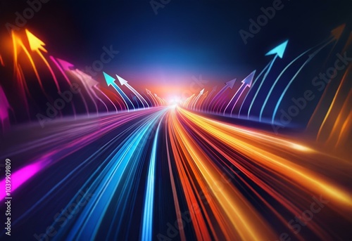 Abstract illustration of a glowing, futuristic highway lined with colorful arrows, representing progress and speed.