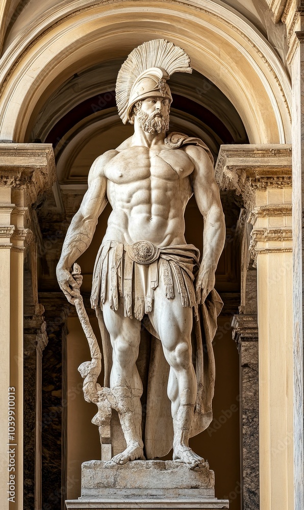 Obraz premium Muscular Roman warrior statue stands in archway.