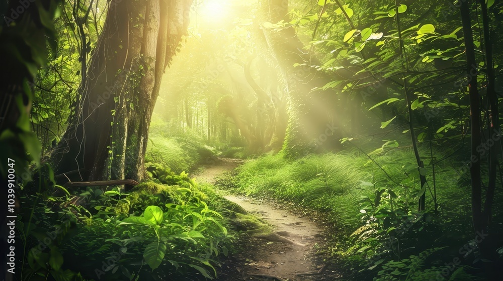 Naklejka premium Sunlit Lush Green Forest with Winding Trail