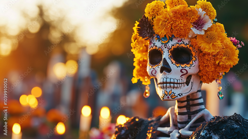 Día de los Muertos Cemetery Scene with Skeletal Figure and Candles Día de los Muertos Cemetery Scene with Skeletal Figure and Candles