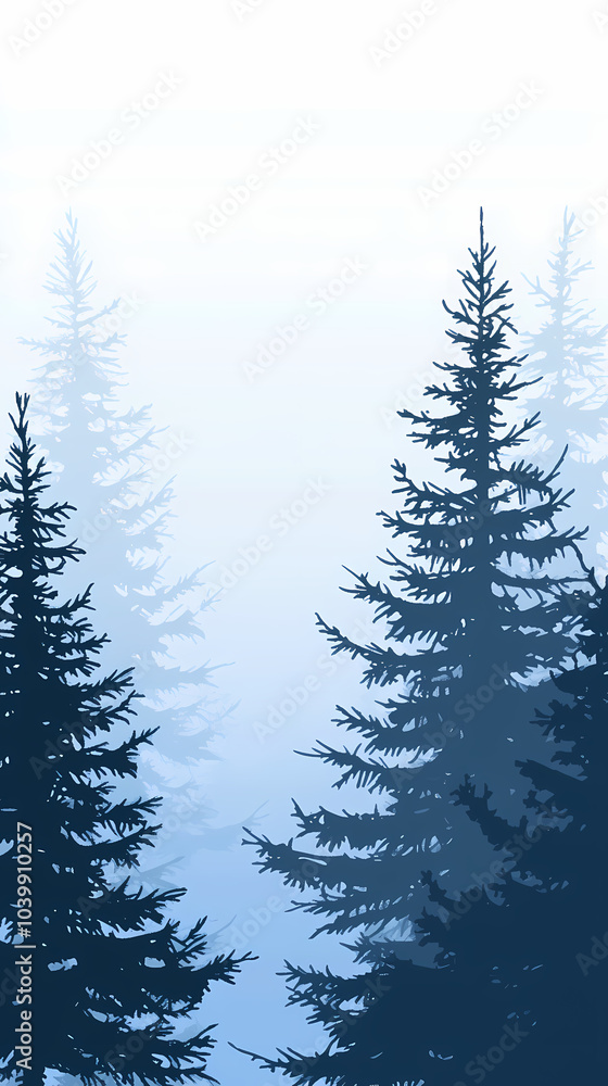 Fototapeta premium Winter forest silhouettes of fir trees and spruces with wood tree background.