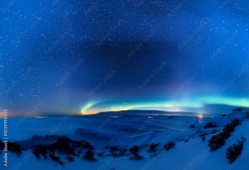 A night scene with a bright green aurora borealis across the sky and a snowy landscape. A night scene with a bright green aurora borealis across the sky and a snowy landscape.