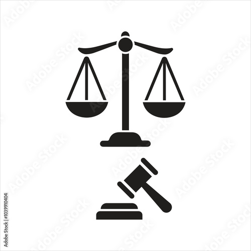 law and justice icon. Law scale with Judge gavel, auction hammer icon